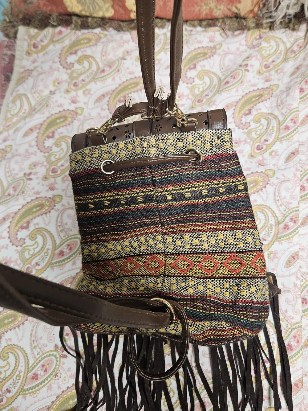 Fringed Brown Multi-Color Woven Crossbody Bag